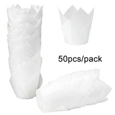 超低價！50 件裝鬱金香紙杯蛋糕烘焙杯鬆餅烘焙襯墊支架仿古紙杯蛋糕包裝模具紙杯蛋糕紙杯烘焙工具, 白色, 1個