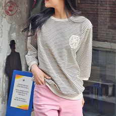로로텐 레이스 패치 7부 스트라이프 티셔츠 루즈핏 여성 빅사이즈