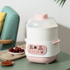 家用隔水燉電燉鍋燕窩電燉盅陶瓷內膽嬰兒輔食煲湯燉盅跨境禮品1L, 粉色+蒸籠:110V美規插
