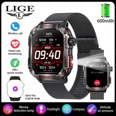 LIGE 남성용 충전식 스마트 워치 모든 스마트폰 연결 LED 손전등 방수 스마트워치 스포츠 600mAh 배터리, Mesh belt black, 1개