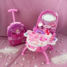 공주놀이 메이크업 세트 어린이 캐리어 화장대 뷰티놀이 장난감, 핑크, 1개