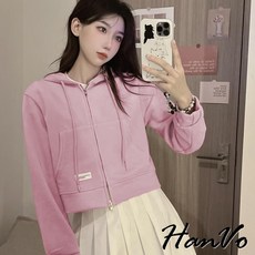 HanVo 雙拉頭小標籤短版連帽外套 - 簡約素面親膚柔軟韓系女裝