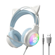 RGB 유선 게이밍 헤드셋 귀여운 디자인 LED 고양이 귀 마이크 탑재, 블루