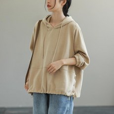 ORZQU 봄 여성 루즈핏 솔리드 후드 코디 캐주얼 티셔츠 긴팔 상의 여