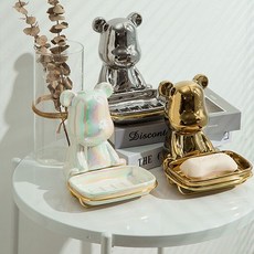 데코플래닛 크롬 베어 비누받침대 비누받침 트레이 세라믹 물빠짐 비누거치대, 골드