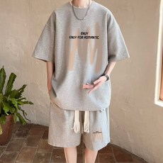 華夫格套裝 夏季男裝 潮流運動休閒短褲短袖兩件式慢跑寬鬆套裝