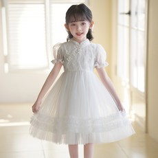 兒童旗袍連衣裙 白色女孩中式禮服 公主裙 寶寶演出服