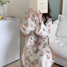 빅사이즈 여성 로브 가운 캐주얼 여성 체리 잠옷 데일리 사계절