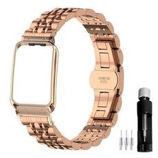Gheper 삼성 갤럭시 핏3[2024] SM-R390 스마트워치 액세서리 스테인리스 스틸 보호 프레임 케이스 디자인 교체 손목 스트랩 팔찌 여성용 남성용 메탈 워치 밴드 12, 로즈 골드