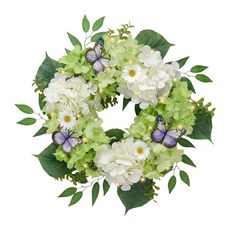 현관 복도 정원과 호환되는 잎이 달린 45cm 인공 수국 꽃 화환 봄 사실적인 꽃 화환, 사이즈 이미지 참고, 1개, 흰색과 초록색