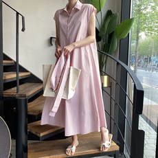 POMTOR 여성 여름 민소매 셔츠 원피스 스트라이프 스트랩 롱 원피스