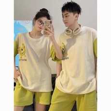 大大眼仔男女情侶睡衣短袖華夫格套裝薄款夏季青少年可外穿家居服
