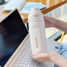 SITARAYURI翻蓋提手運動水壺 304不鏽鋼保溫杯 彈蓋手提水瓶, 米色 580ml, 1個