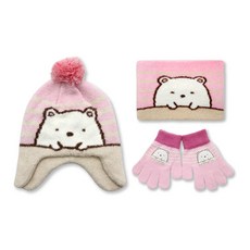 體溫魔術師正版授權角落生物兒童毛帽圍脖手套3件組，條紋設計柔軟保暖冬季套裝，出國雪地必備