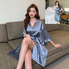 목욕 잠옷 여름 숏 로브가운 가운 실크 랩가운 여성 나이트 가운, 실버그레이 2피스 세트 캐미솔 포함