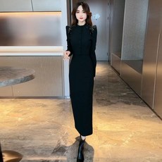 여성 롱원피스 하객룩 원피스 슬림핏 격식있는 어깨 셔링, M, 블랙