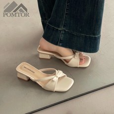 POMTOR 여성 여름 스퀘어 러블리 리본 뮬 슬링백 미들힐4cm