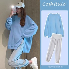 임산부 봄가을 상하의 세트 패션 고급스러운 맨투맨 상의 + 캐주얼 팬츠 루즈핏 빅사이즈 스포츠 임산복 투피스 WMY