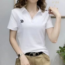 투니스 여성 캐주얼 폴로넥 D 자수 반소매 티셔츠