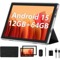 에코패드 안드로이드 15 태블릿 키보드 마우스 12GB RAM + 64GB ROM 1TB 확장 기능이 있는 10인치 WiFi 6 / Bluetooth/GMS 인증/IPS 터치, Black Set, 검정 세트