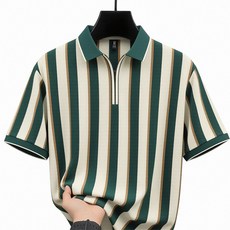 男士條紋翻領拉鍊短袖POLO衫