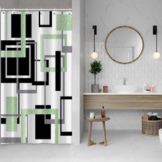 Baocicoo 모던 기하학 샤워 커튼 세트 블랙 화이트 블루 욕실 사각형 추상 미니멀리즘 목욕 방수 내구성 후크 포함 91.4 x 182.9cm(36 72인치), 초록색