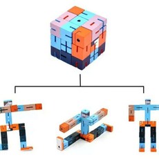 木質百變機器人 木偶人 變形魔方 金剛 小學生思維訓練益智玩具, 1個, 藍色小號正方形