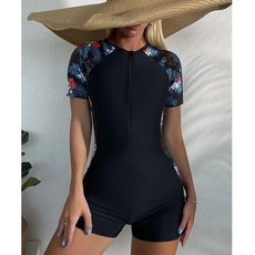 歐美連體拉鏈運動泳衣女短袖衝浪泳衣防曬衝浪服平角水母衣浮潛服