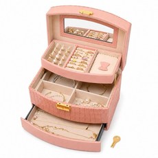 Hmsnyysl Elegant 3중 잠금 가능한 여성용 주얼리 박스 - 열쇠와 서랍이 있는 미러 오거나이저 여행 친화적인 PU 가죽 보관 케이스 아내 엄마 딸을 위한 선