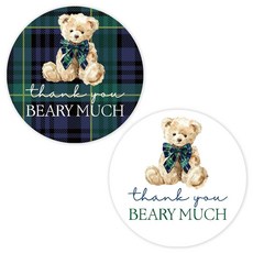 Whaline BEAR 이어 Thank You 스티커 120개 5.1cm(2인치) 그린 격자무늬 브라운 베어 원형 접착 라벨 데칼 생일 베이비 샤워 파티 선물 장식 2가지