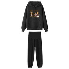 임산부 세트 가을 겨울 여성 캐주얼 임부복 루즈핏 후드 맨투맨 + 하이웨이스트 조거 팬츠 상하의 투피스 기질 기모 임부 투피스 세트 CY