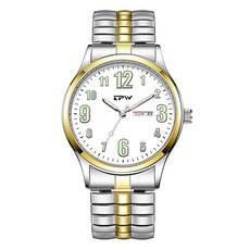 Gosasa 읽기 쉬운 남성용 쿼츠 시계 대형 숫자 야광 탄성 스트랩 스테인리스 스틸 스트레치 밴드 방수 시계 골드. 캐주얼