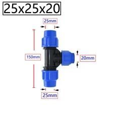 PE 튜브 퀵 커넥터 감소 엘보 티 워터 스플리터 63/50/40/32/25/20mm 플라스틱 커플러 농장 파이프 피팅, 18 25X25X20