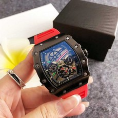 酒桶型鏤空機械腕錶 雙弧面硅膠錶帶設計, 紅黑, 1個