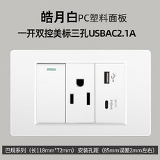 偉益直銷 台灣專用美規118型110v插座面板 一開雙控三孔插座 帶USB Type-C充電 美式墻壁插座, 1個, 一開雙美式三孔USBAC2.1A白色