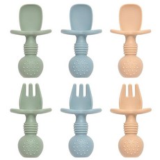 Eascrozn 아기 스푼 및 포크 수유 세트 6팩 실리콘 1단계 셀프 수유 유아 식기 BPA 프리 훈련 스푼용 아기 LED 이유식 용품, Blue