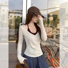 해피유통 여성 브이넥 레이어드 긴팔 티셔츠 슬림핏 데일리 상의