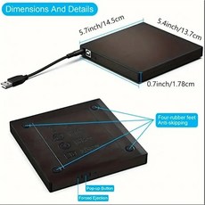 노트북 데스크탑 PC용 외장 CD DVD 드라이브 USB 2 0 슬림 보호 RW ROM 버너 플레이어, 1) 블랙, 1개