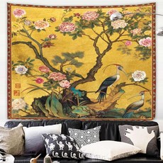 Yookeb 빈티지 플라워 태피스트리 (가로 59인치 x 세로 51인치) 벽걸이 레트로 학과 나무 중국식 식물 모티프 모란 아트 침실 거실 기숙사용 폴리에스터 원단 홈 데코 1, 59"L x 51"W_Vintage Crane