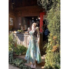 티류으스 여성 여름 해변 휴가 프린트 스트랩 드레스 허리라인 슬림 롱 원피스 WY