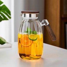 高硼硅木把玻璃茶壺涼白開冷水壺家用耐高溫大容量防爆玻璃涼水壺, 1個, 透明涼水壺:如圖, 1L