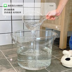 透明手提水桶 洗衣桶 宿舍儲水用 洗澡家用桶 塑料桶 加厚帶蓋儲水桶 洗衣儲水桶 家居日用好物小紅書同款 高顏值, 1個, 鋼化水晶臉盆+漱口杯+水勺（瑪瑙灰）,32x25cm