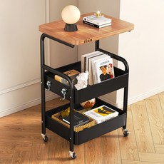 [5시건 당일배송] FOOI 바퀴달린 이동식 철재 트롤리 + 초강력 자석고리 가정용 선반 진열장 360도 회전, 원목 블랙, 3단