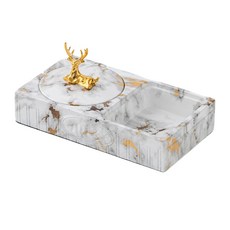 大理石紋金色小鹿造型雙格帶蓋煙灰缸，時尚防風煙灰缸，居家辦公室裝飾, 一鹿連升-白金款, 1個
