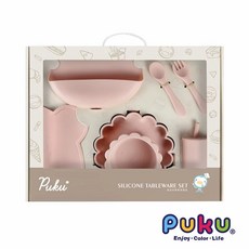 PUKU藍色企鵝蒔蘿鉑金矽膠餐具禮盒7件組-(三色)P14345, 吸盤餐盤、吸盤碗、湯叉、圍兜、餐墊、吸管杯, 蔓茶粉, 1個