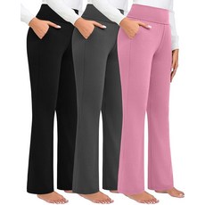 Locoowai 3팩 여성용 하이 웨이스트 플레어 팬츠 와이드 레그 부츠컷 루즈 캐주얼 요가 드레스 팬츠 포켓 포함 블랙 다크 그레이 핑크, L, 블랙, 다크 그레이, 핑크