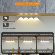 모션 센서 빛 LED 램프 부엌 캐비닛에 대 한 무선 울트라 얇은 USB 침실 옷장 실내 조명 밤, 01 3 colors in one Lamp, 03 White 50cm