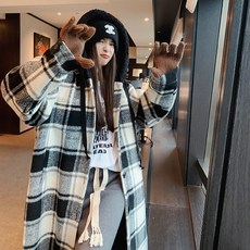 ZPEIZ 여성 겨울 체크 코트 양털 후드 따뜻한 데일리 롱 아우터