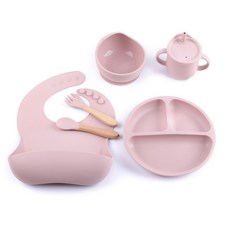 兒童矽膠餐具六件組，含圍兜、餐盤、碗、杯、湯匙、叉子, 1個, 粉色6件套（圍兜+杯+碗+餐盤+叉勺）
