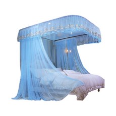 家用公主風導軌三開門紋帳滑軌加密軌道落地蚊帳, 【103天藍 蚊帳+支架】,150x200 適合1.5米寬床